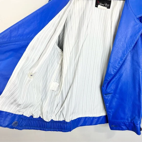 Vintage 80s genuine leather blue padded shoulder batwing bomber pant suit set 14 - Picture 13 of 17